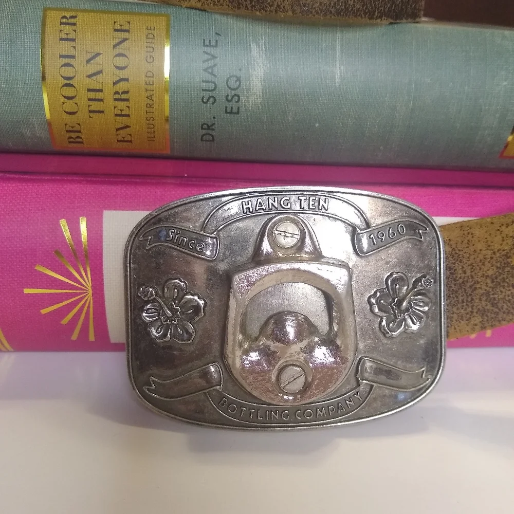 Vintage Hang Ten silver tone bottle opener buckle brown leather belt